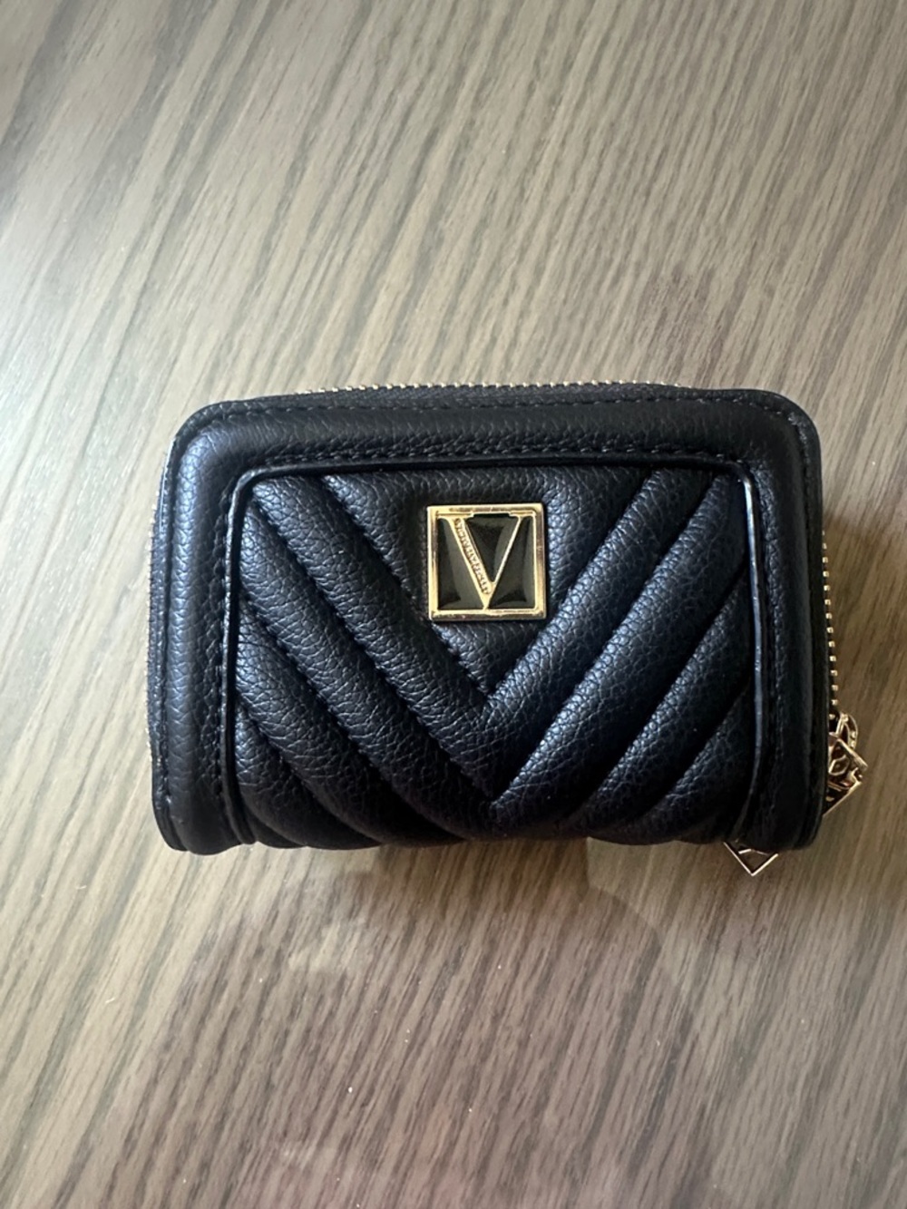 Victoria Secret  Black Quilted Leather Zip-Around Card Wallet with Gold Logo